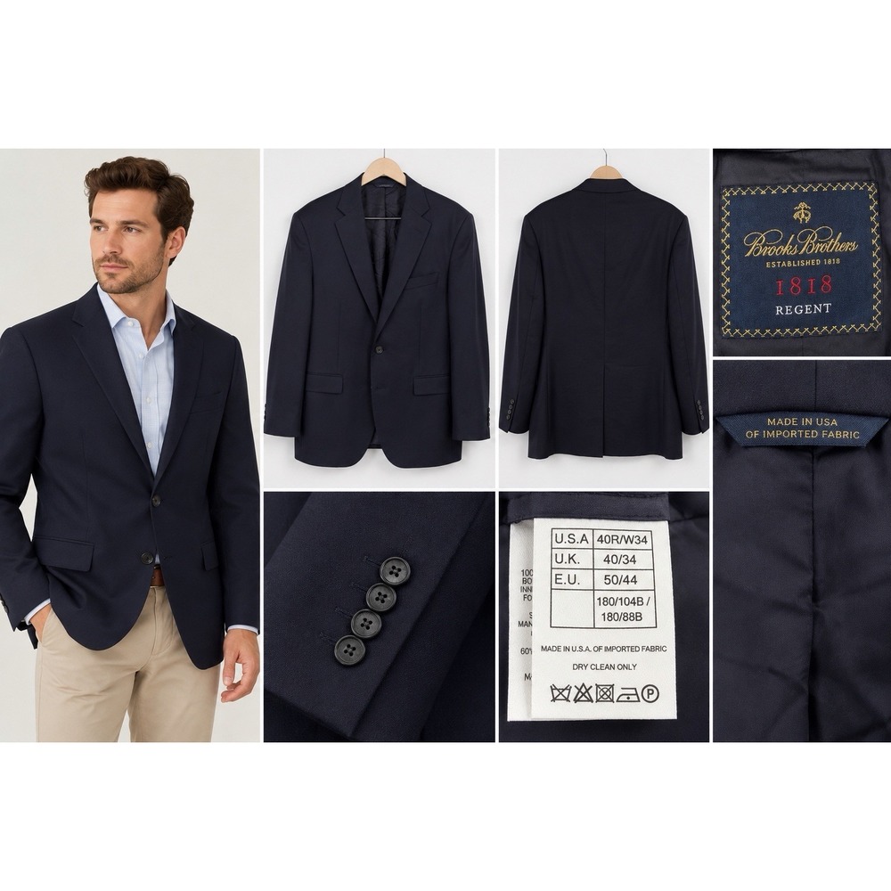 Brooks Brothers 1818 Regent Blazer 40R Navy 100% Wool Made USA Sport Coat 34W